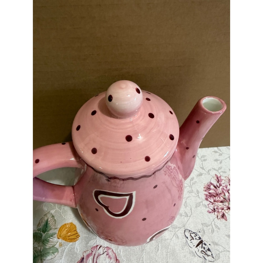 Laurie Gates Pink Heart Polka Dot Ceramic Teapot with Lid Hand Painted - Picture 5 of 7
